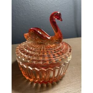 Vintage Jeanette Glass Amberina Glass Swan Candy Dish w/ Lid Ombre Red / Yellow